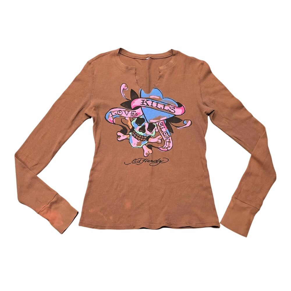Ed Hardy Skull Love Kills Slowly Distressed Graphic Long Sleeve Thermal Shirt